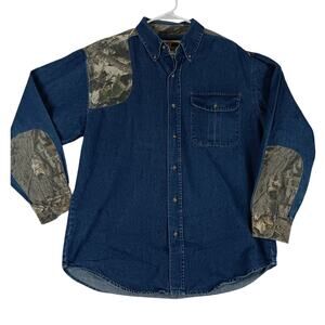 Vtg Game Winner Denim Shooting Shirt Mens XL Blue Camo Shoulder Hunting Western